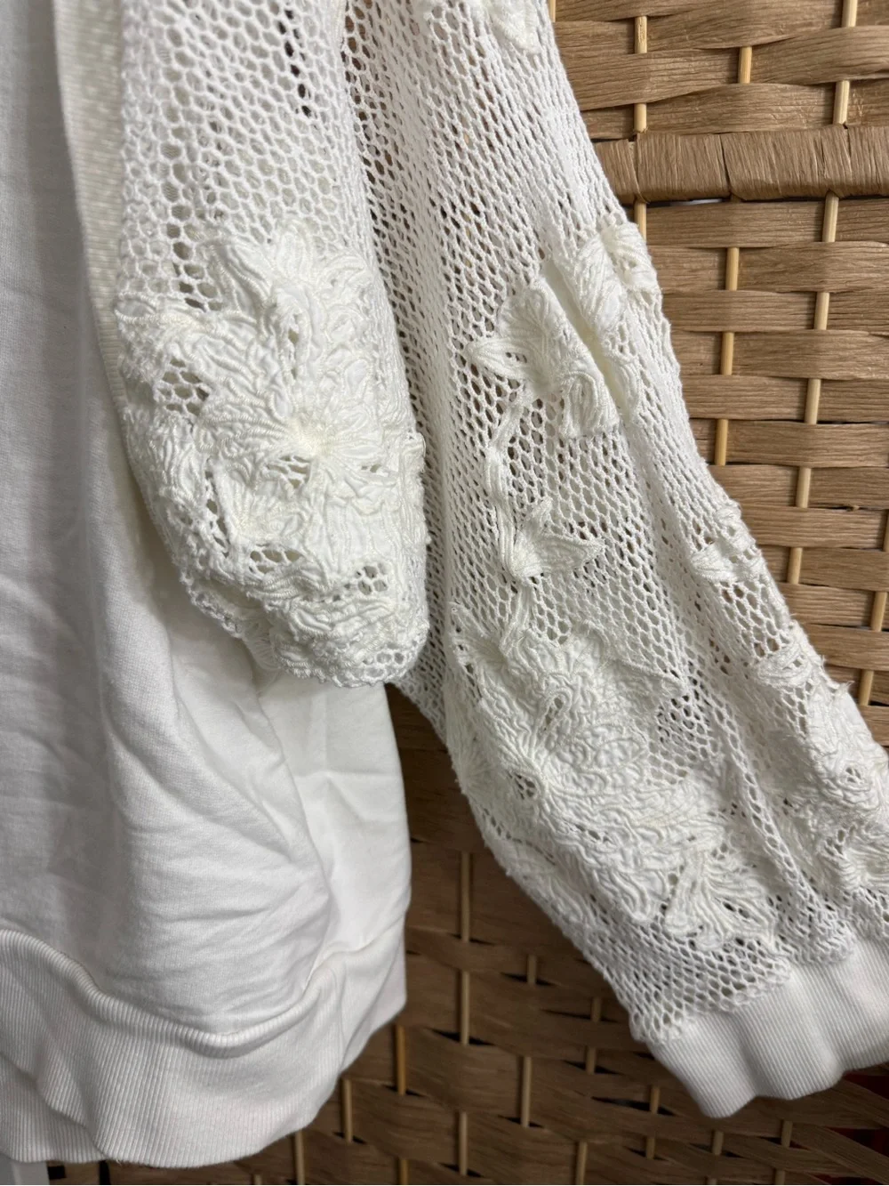 By Anthropologie Cream Lace Balloon-Sleeve Crewneck Sweatshirt Sz XL Boho